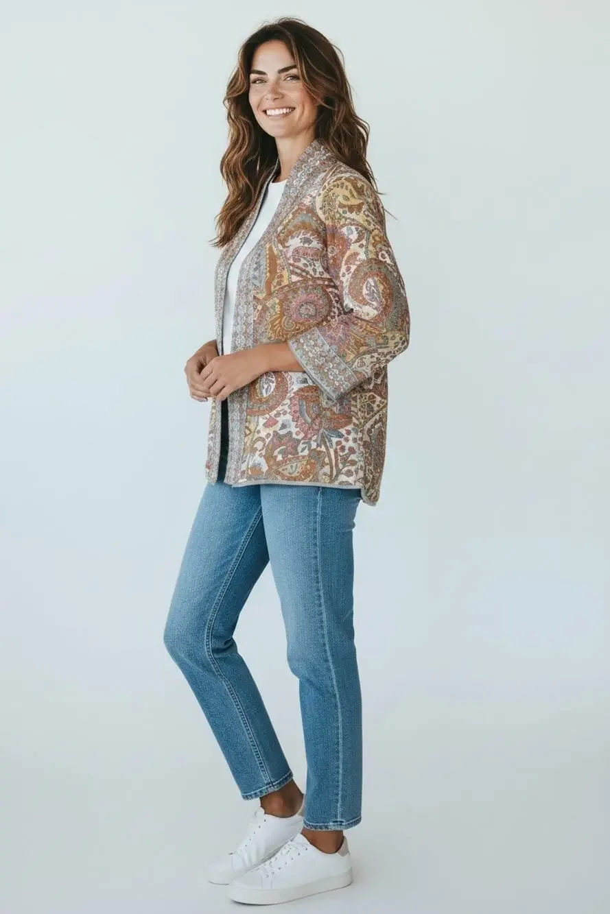 A5 NEW SOFT SURROUNDINGS Paisley Open Front Embroidered Trim Cardigan Size L